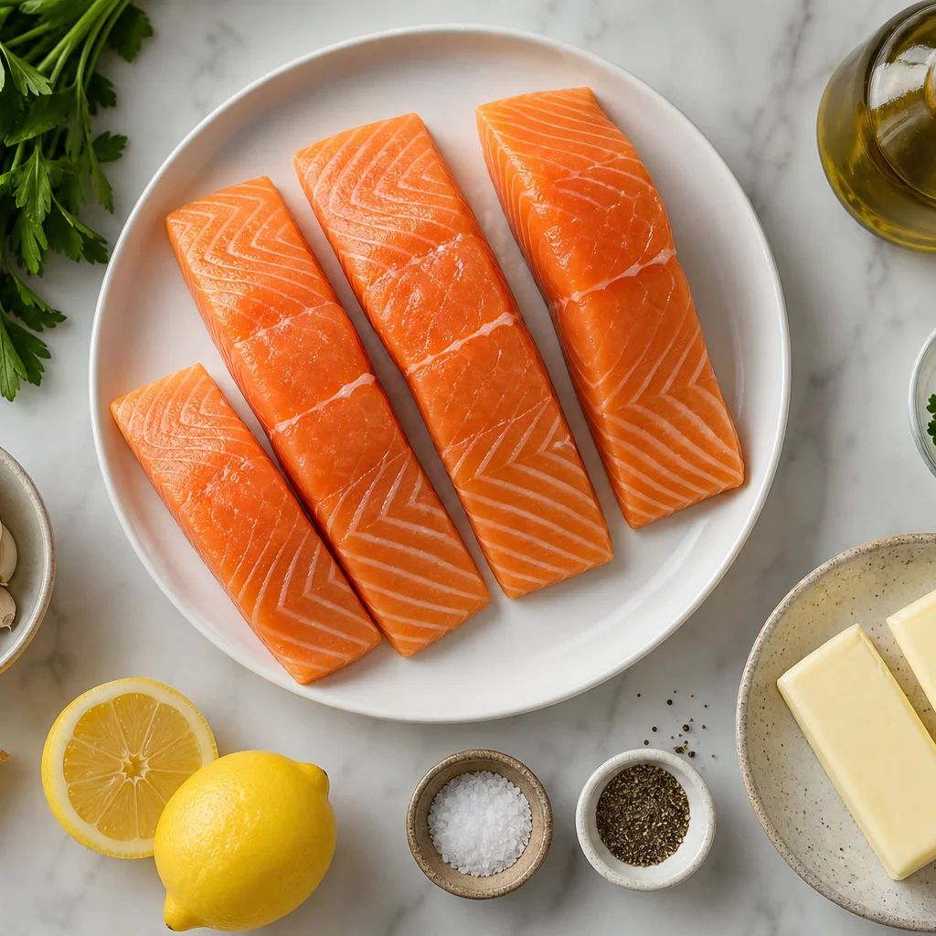 Ingredients for butter garlic salmon including salmon fillets butter garlic lemon olive oil and parsley