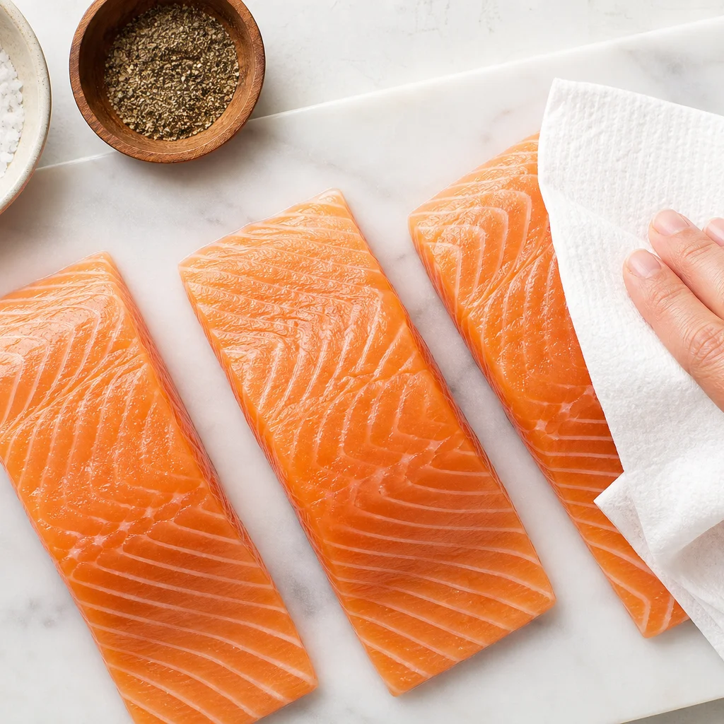 Step 1 rinsing and patting dry salmon fillets then seasoning with salt and pepper