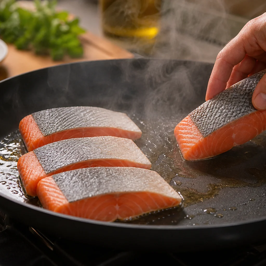 Step 2 heating olive oil in a skillet and placing salmon fillets skin-side down