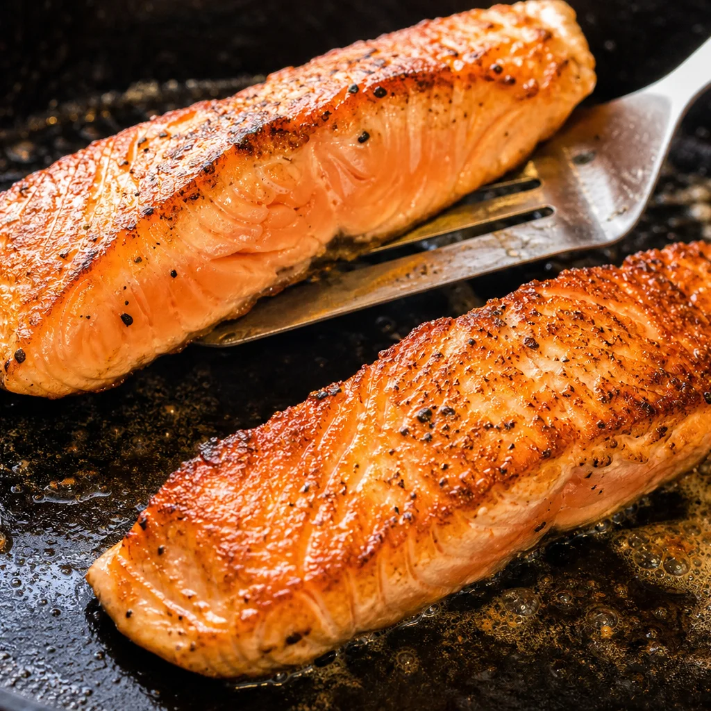 Step 3 searing salmon until skin is crispy golden then flipping to cook the other side