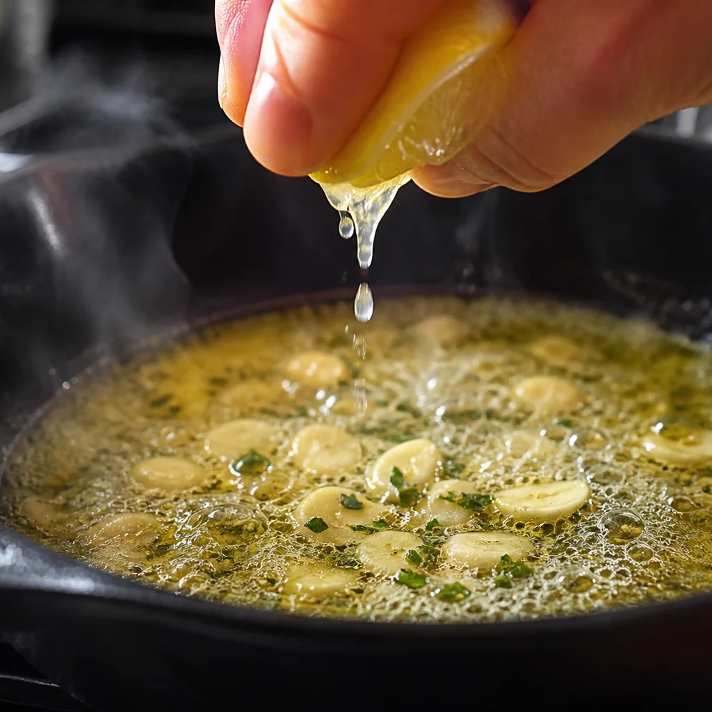 Step 5 squeezing fresh lemon juice into the garlic butter sauce and simmering briefly