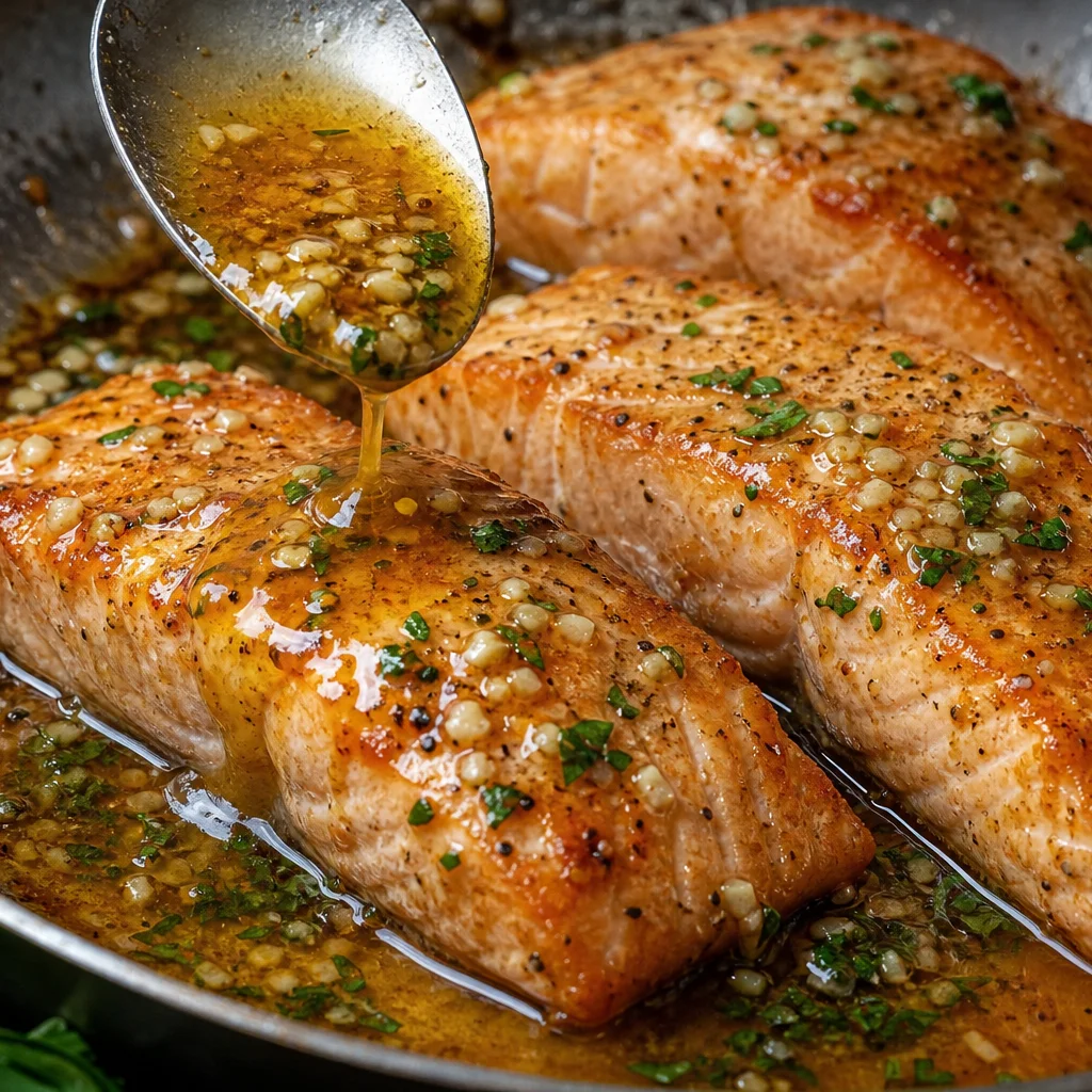 Step 6 returning seared salmon fillets to the skillet and spooning garlic butter sauce over the top