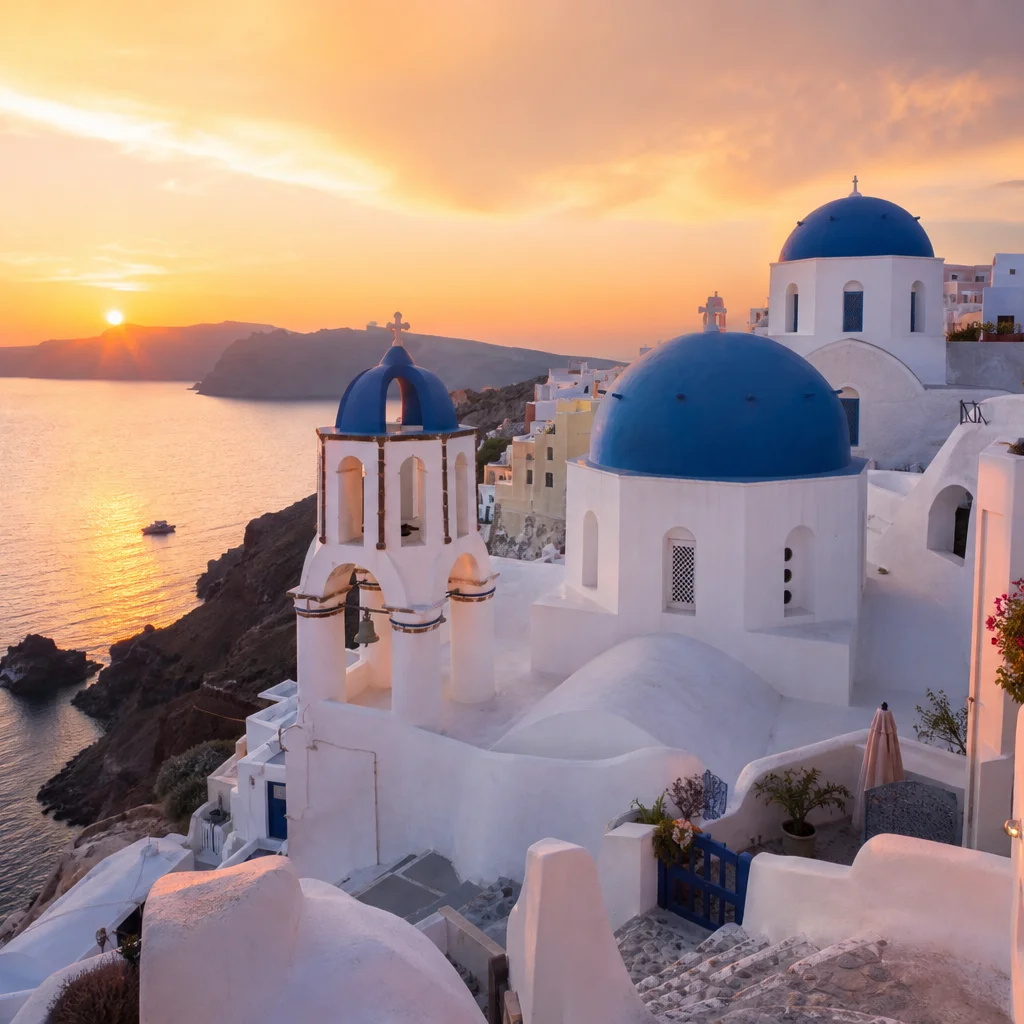 Whitewashed buildings and blue domes overlooking the caldera in Santorini Greece at sunset