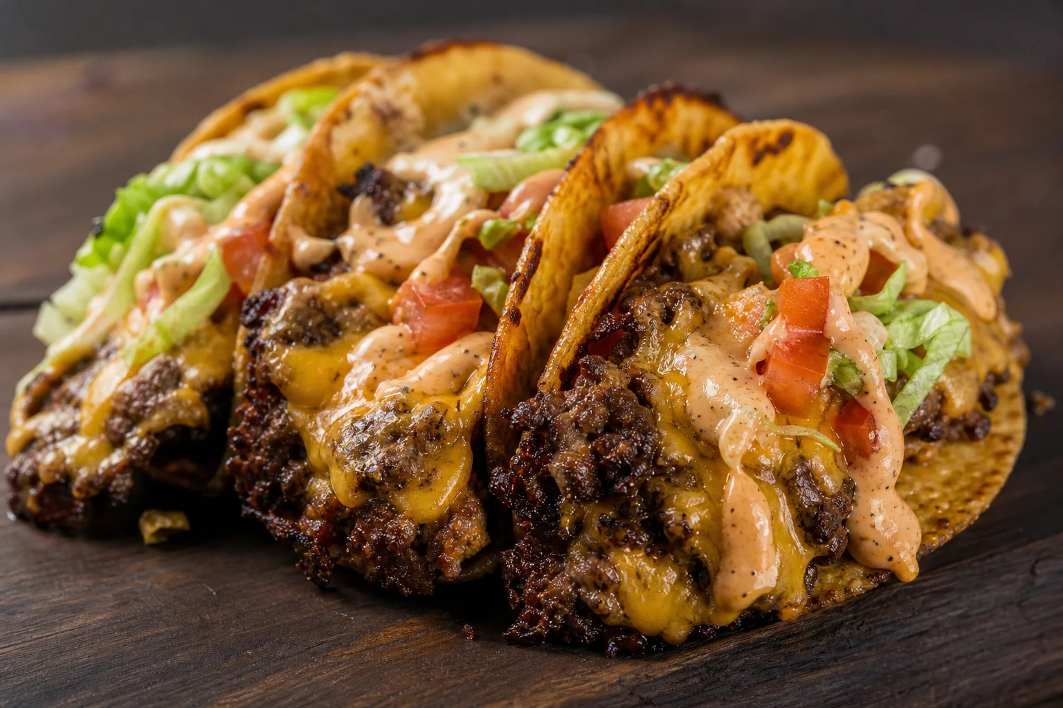 Smash burger tacos on a wooden board with crispy smashed beef melted cheese lettuce tomato and special sauce in flour tortillas