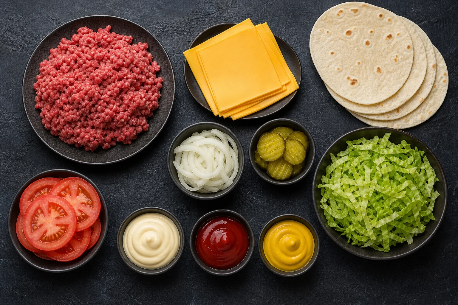 Smash burger tacos ingredients including ground beef American cheese flour tortillas lettuce tomato onion and burger sauce