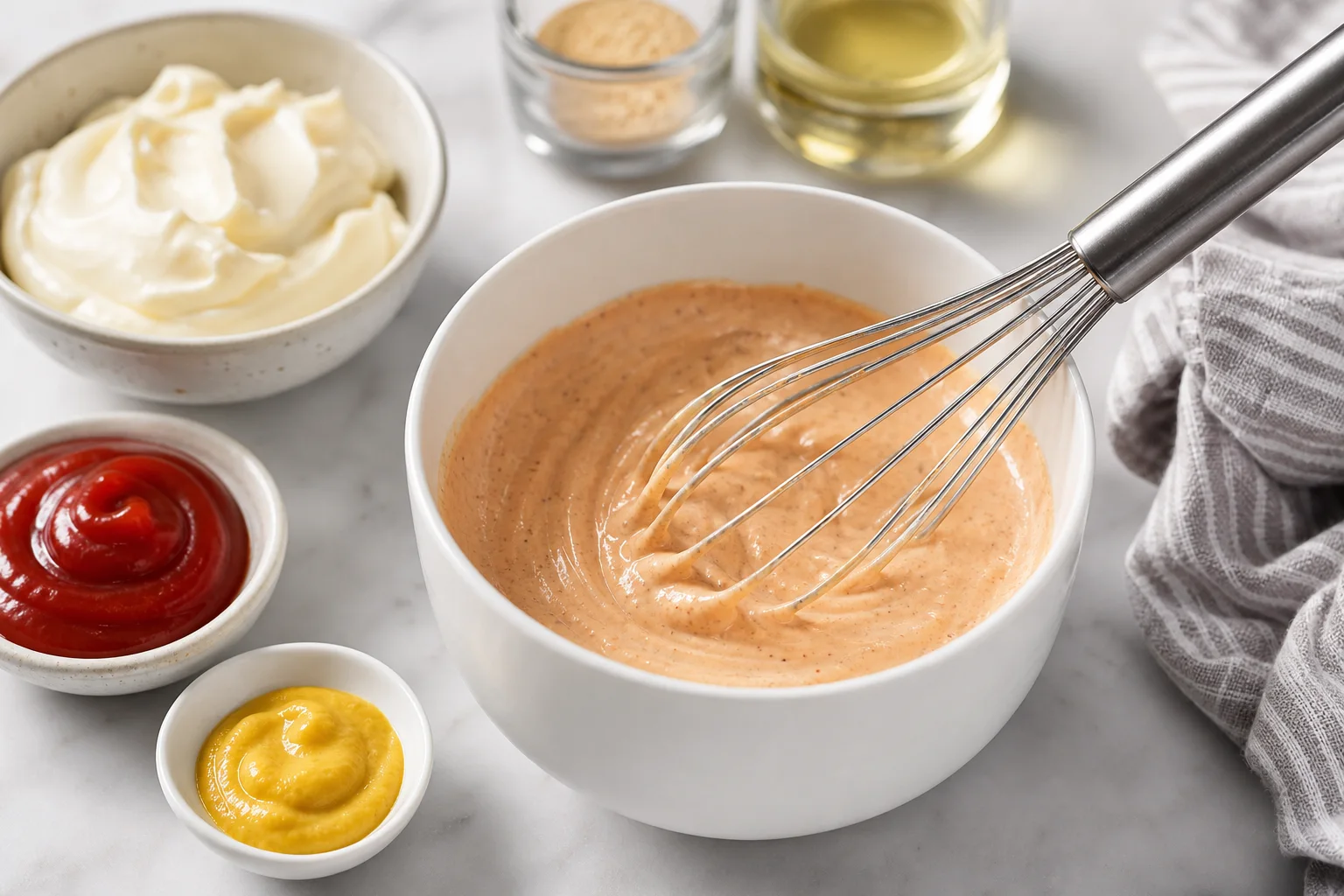 Creamy burger sauce whisked in a small bowl for smash burger tacos recipe