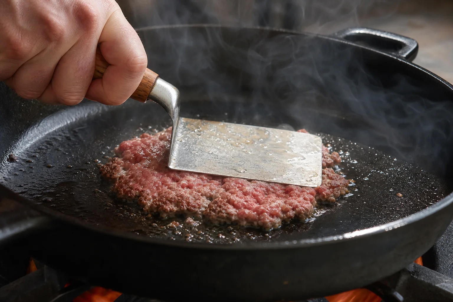 Ground beef ball being smashed flat in a hot cast iron skillet for smash burger tacos