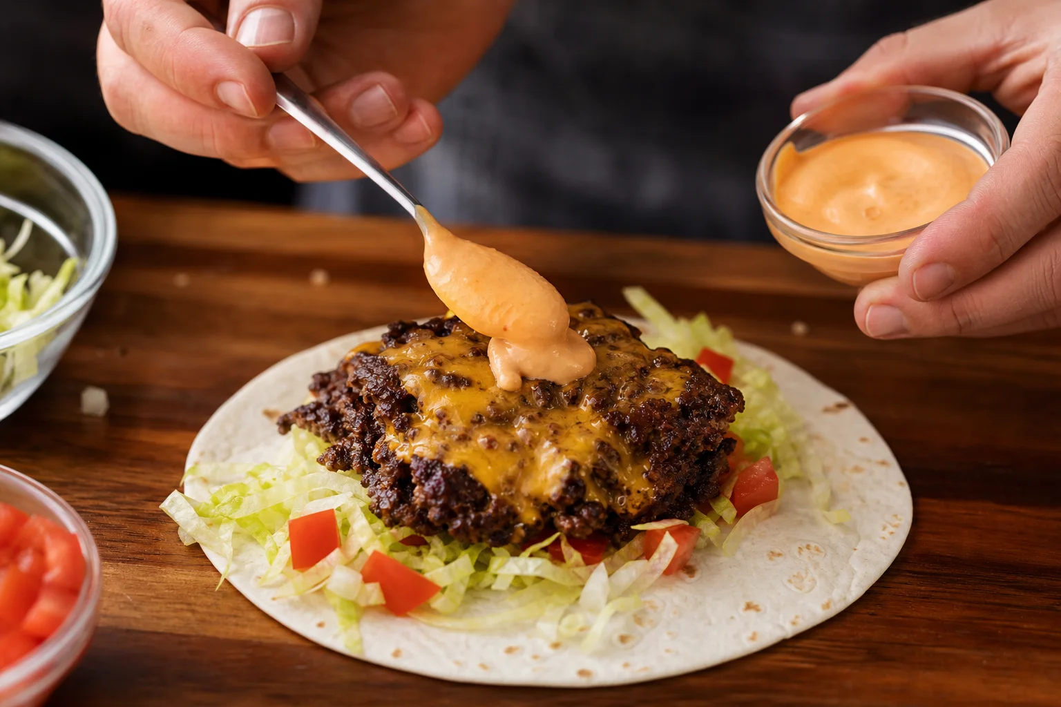 Smash burger patty with melted cheese being placed on a warm flour tortilla with lettuce and tomato