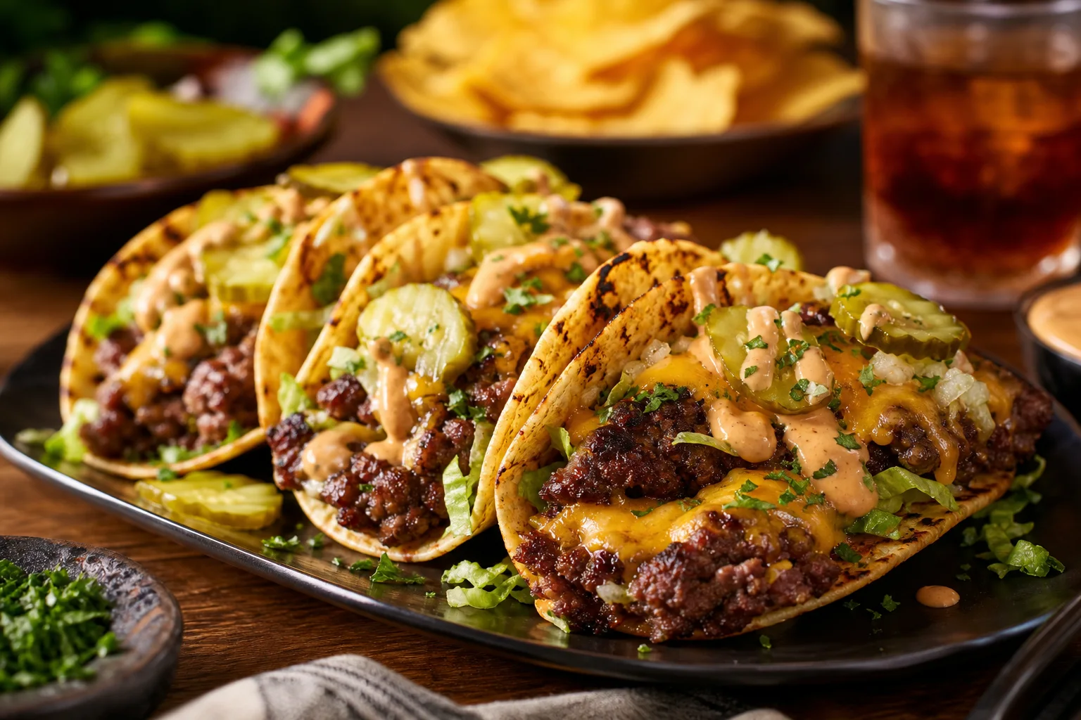 Stack of smash burger tacos on a platter with burger sauce drizzle and pickle garnish