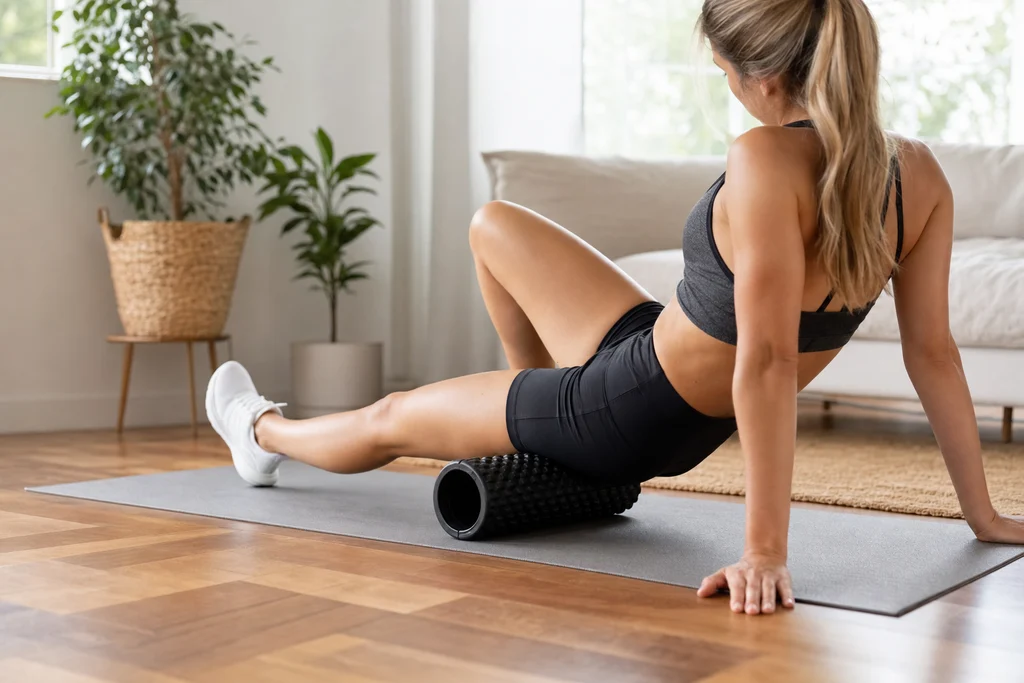 Foam rolling quadriceps and thighs for recovery after leg workout