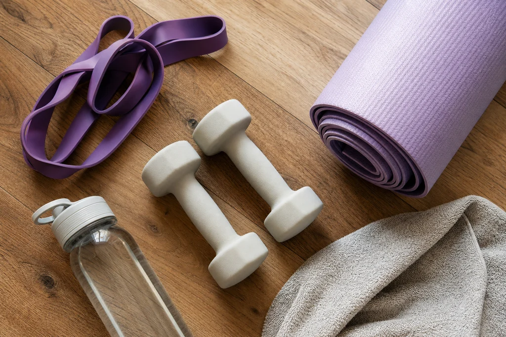 Home workout gear for sculpting lean thighs including resistance band dumbbells and yoga mat