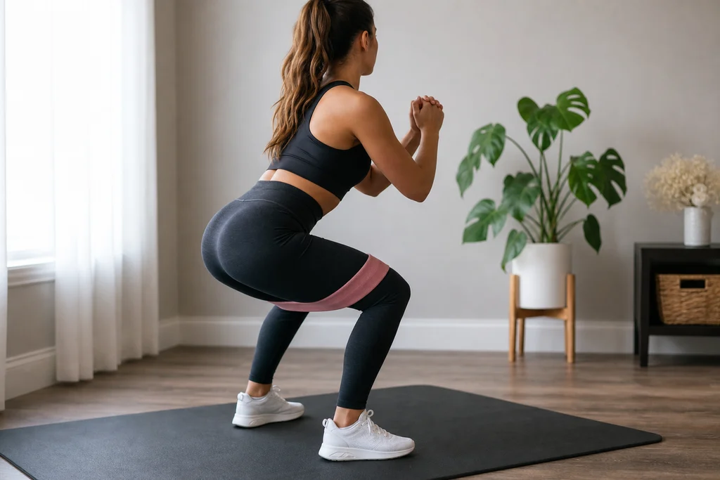 Resistance band squat activating thighs and glutes during home workout