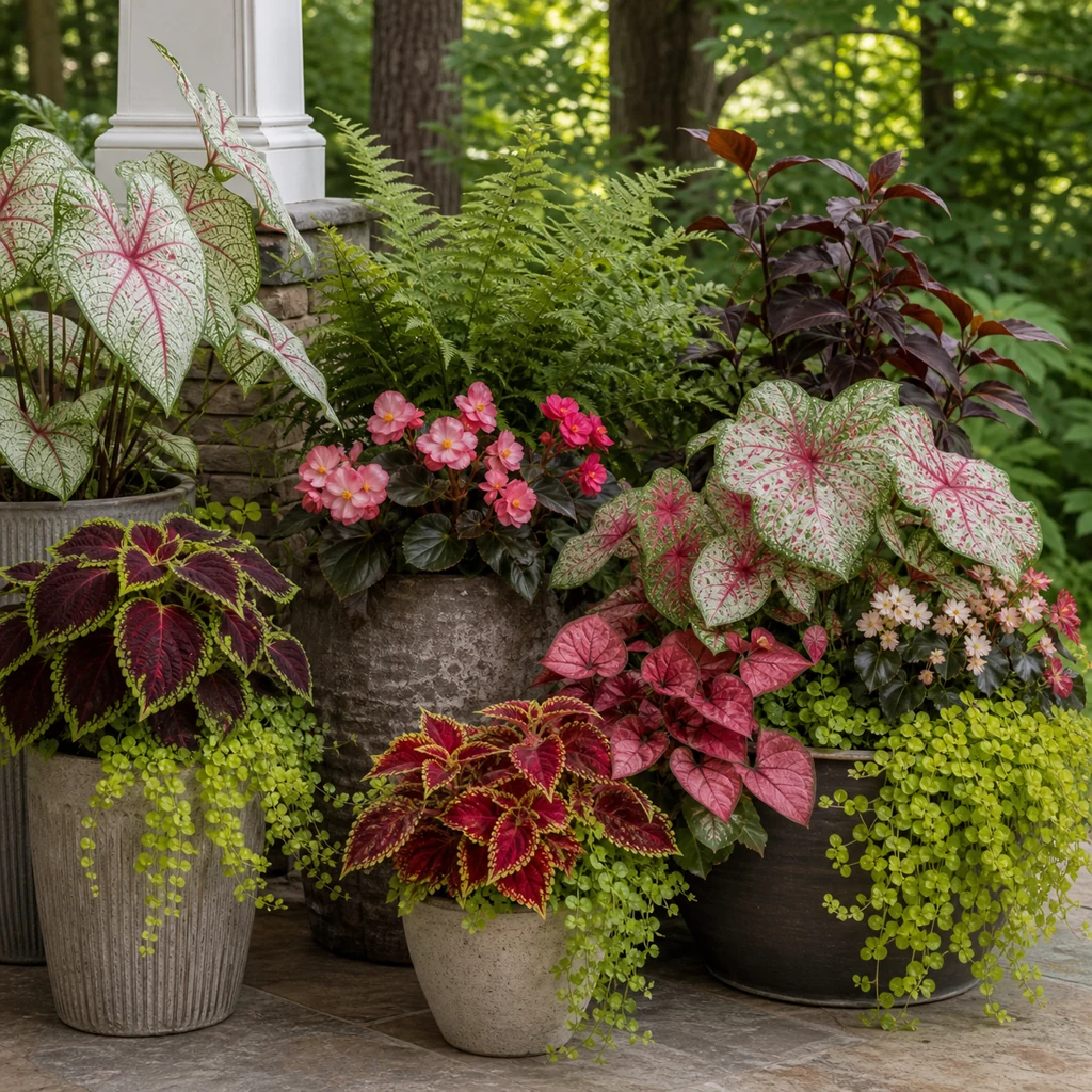 Shade container garden with coleus caladium begonias and ferns