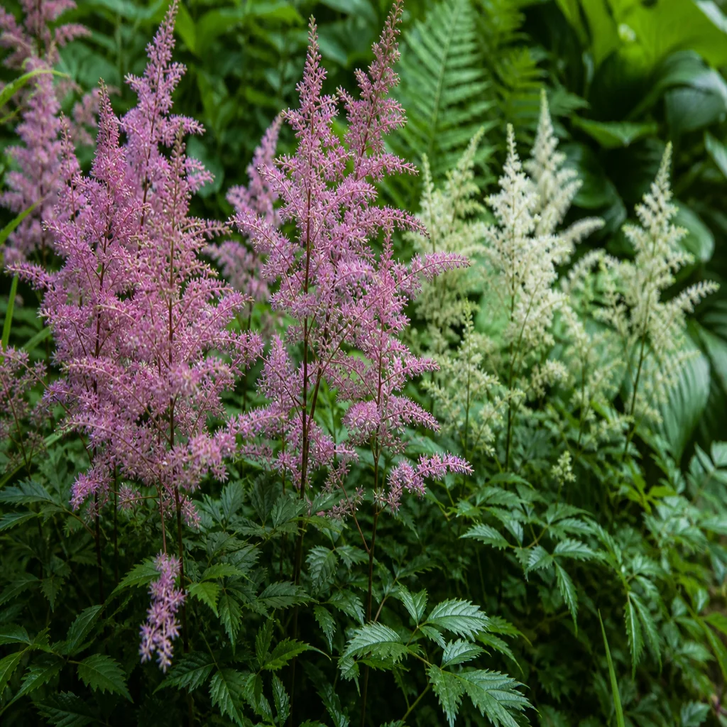 Pink and white astilbe plumes blooming in a shady garden border