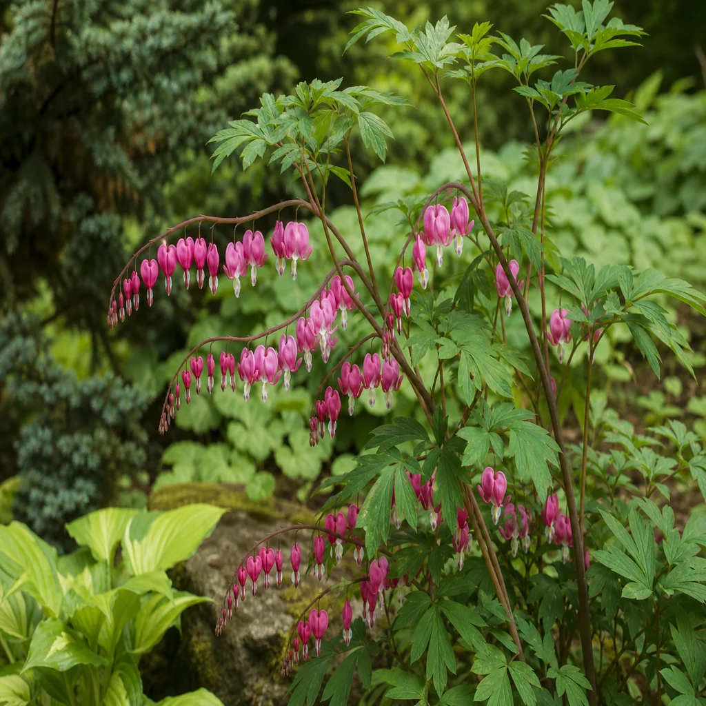 Bleeding heart plant with pink heart-shaped flowers in a cool shady spot