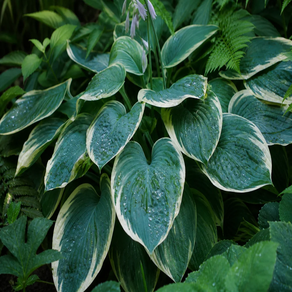 Blue-green hosta with white edges in a shady summer garden bed