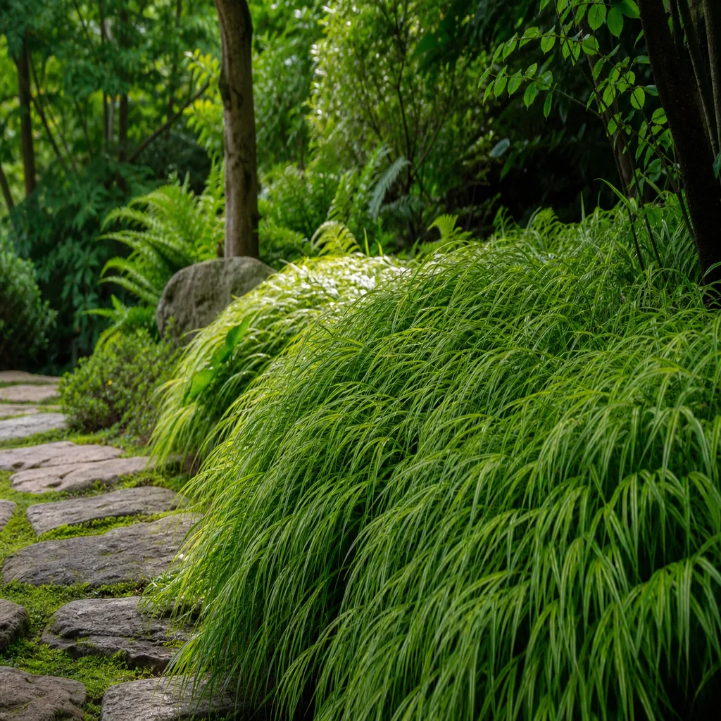 Japanese forest grass with cascading golden-green blades along a shaded path