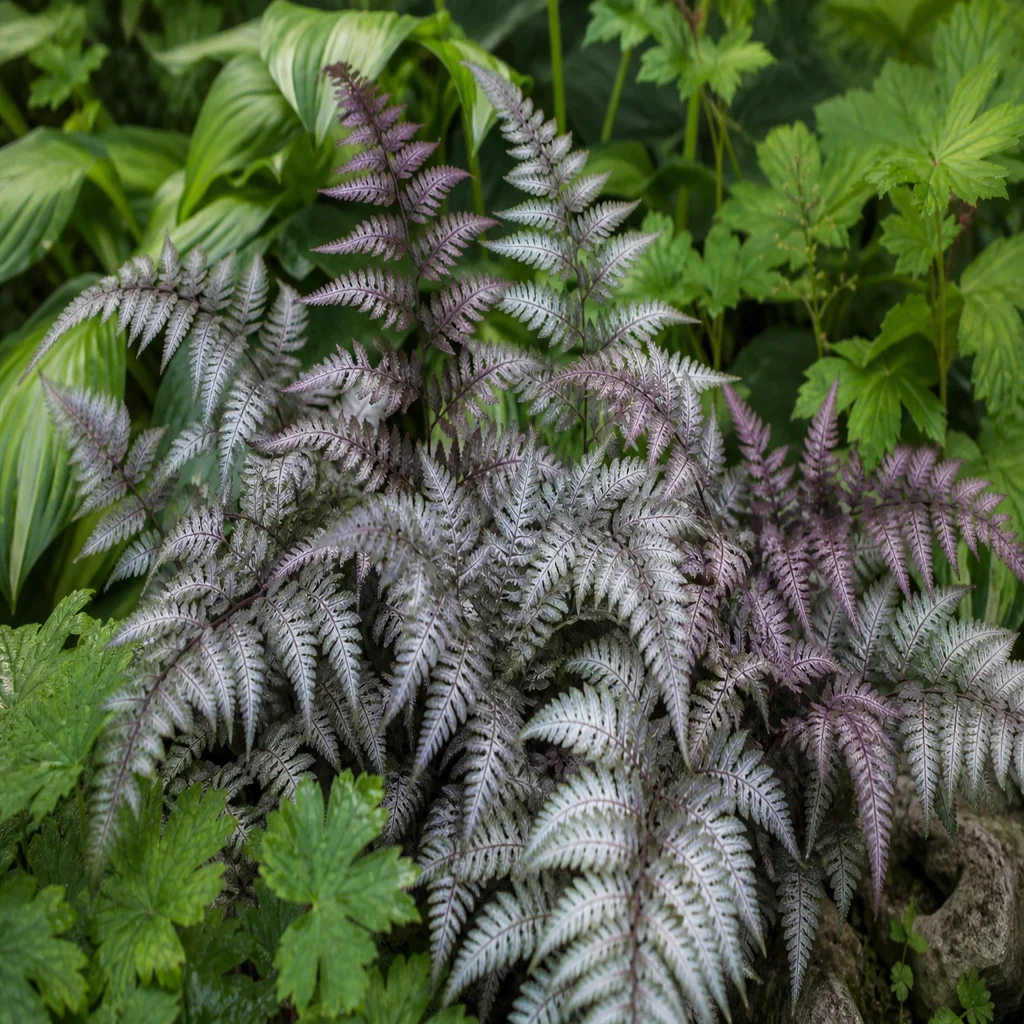 Japanese painted fern with silver and burgundy fronds in a woodland garden
