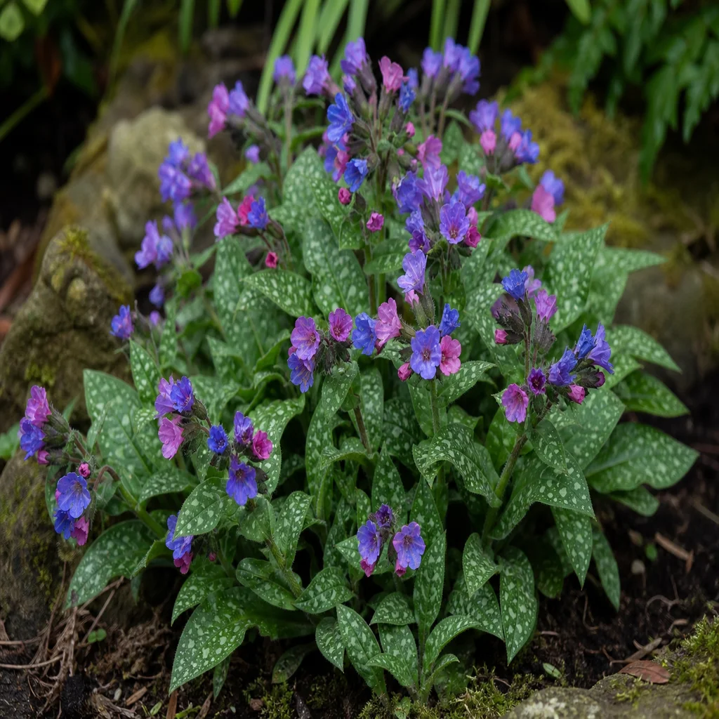 Lungwort pulmonaria with spotted leaves and blue flowers in shade