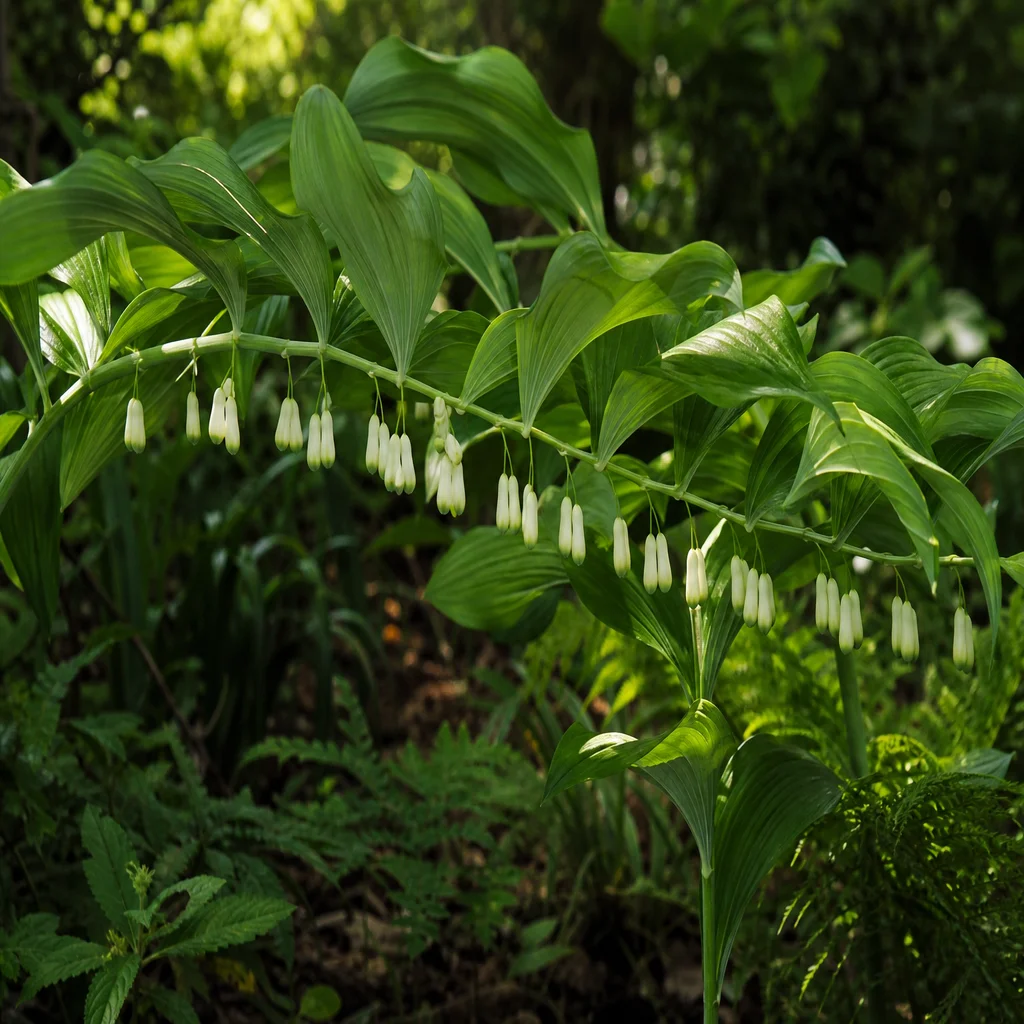 Solomon's seal with arching stems and white bell flowers in woodland shade