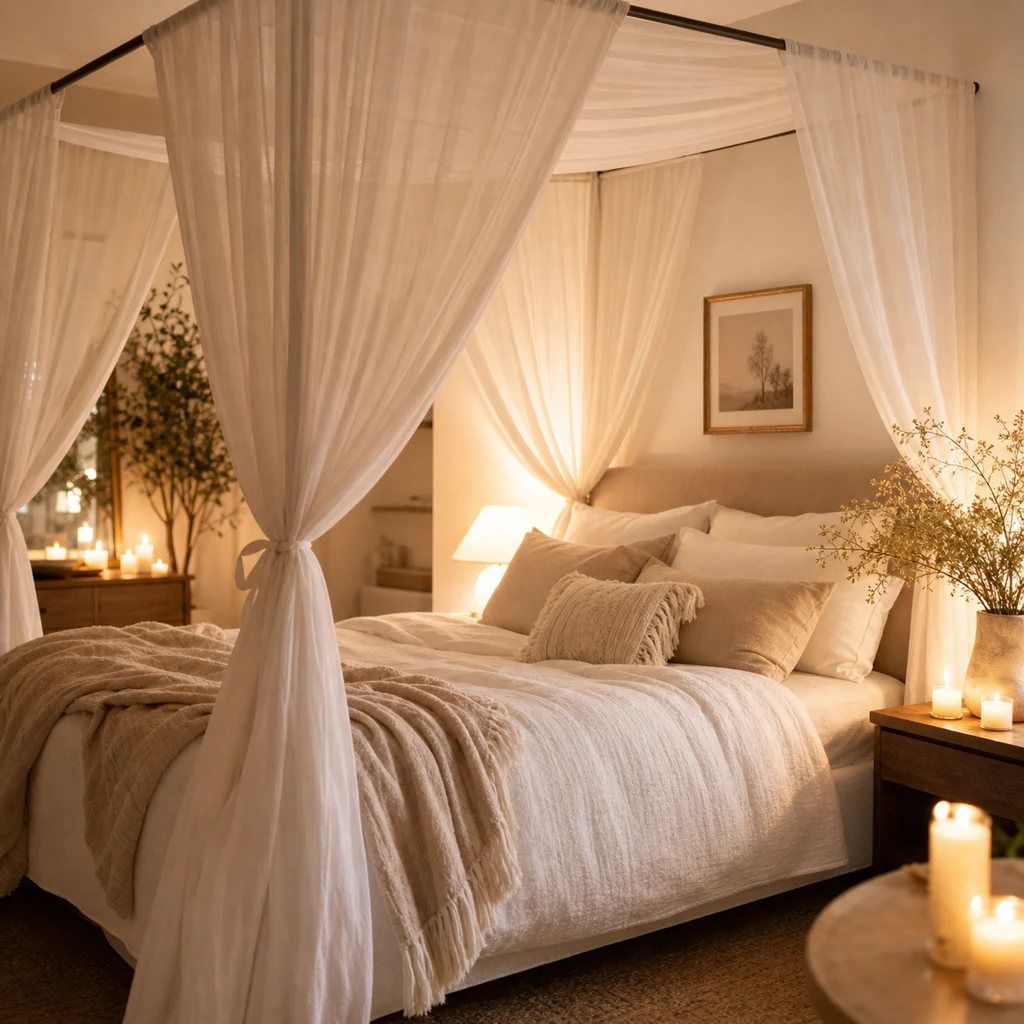 Romantic bedroom with sheer curtains and soft canopy feeling