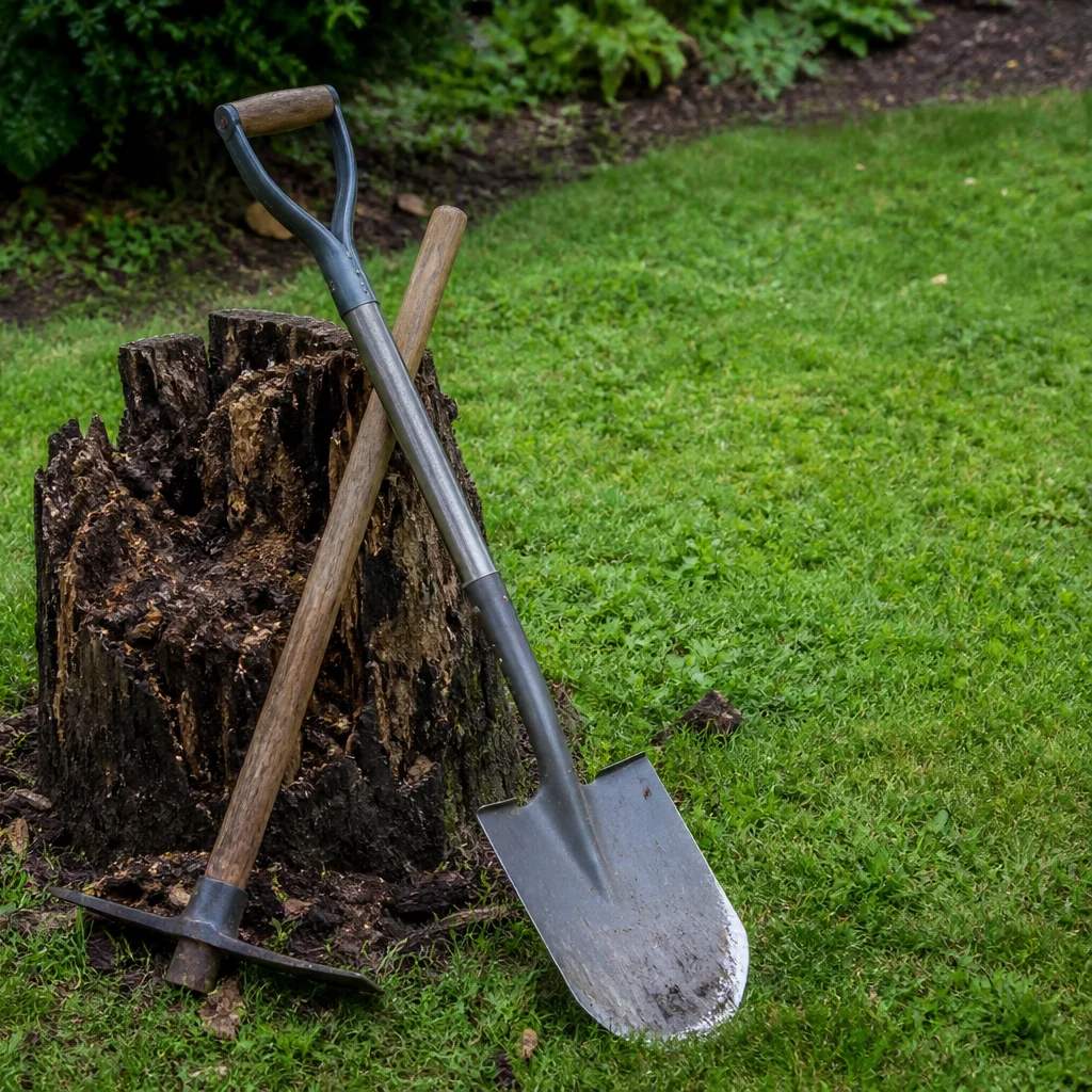 Rotted tree stump with shovel and mattock resting on grass for yard cleanup