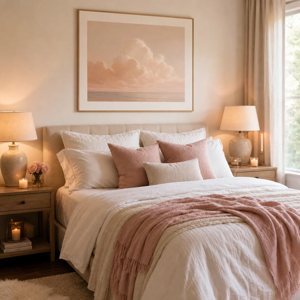 Romantic bedroom with simple wall art and neutral palette