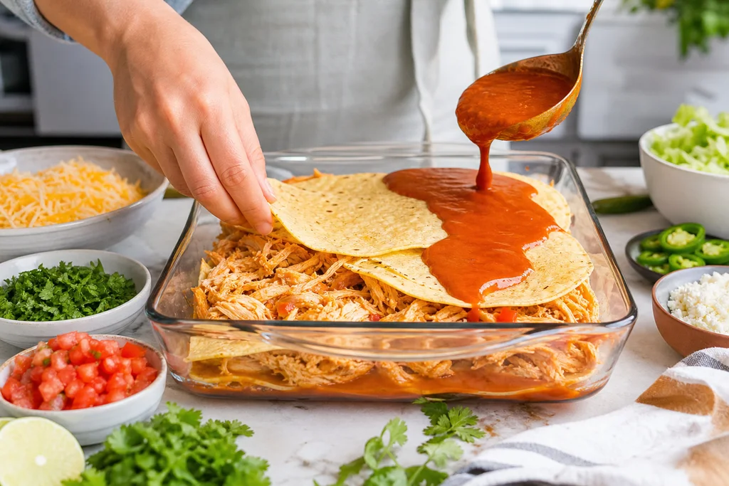Layering tortillas and chicken in a baking dish for skinny enchilada casserole