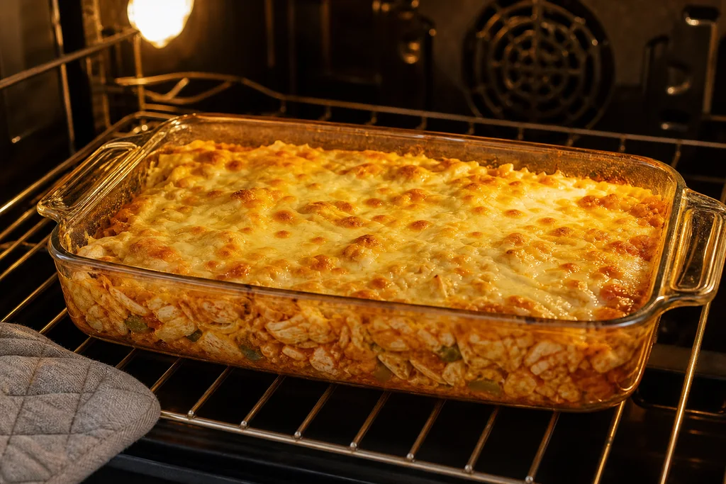 Chicken enchilada casserole baking in the oven with bubbling cheese on top