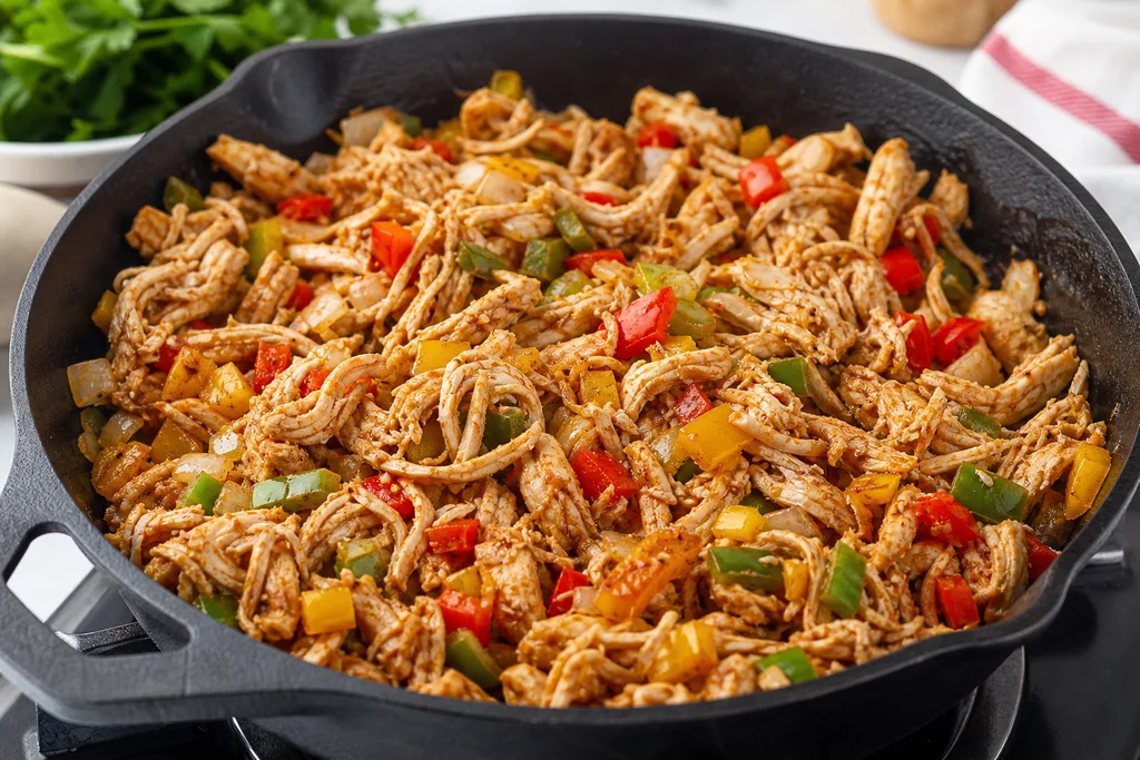 Shredded chicken with peppers and onions cooking in a skillet for enchilada casserole