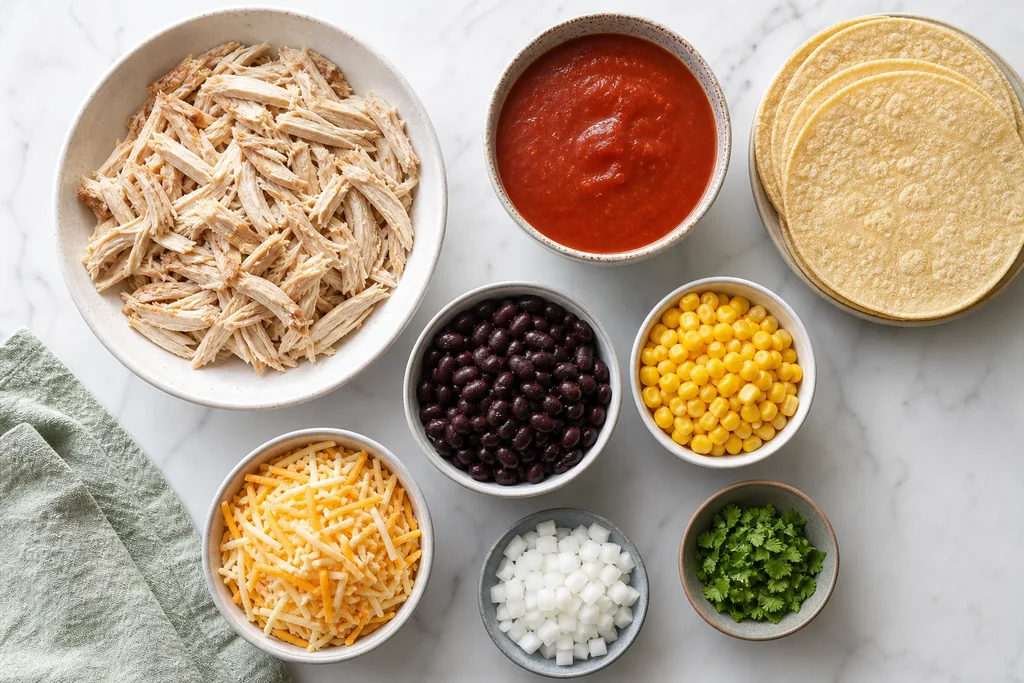 Ingredients for skinny chicken enchilada casserole including shredded chicken, tortillas, and enchilada sauce