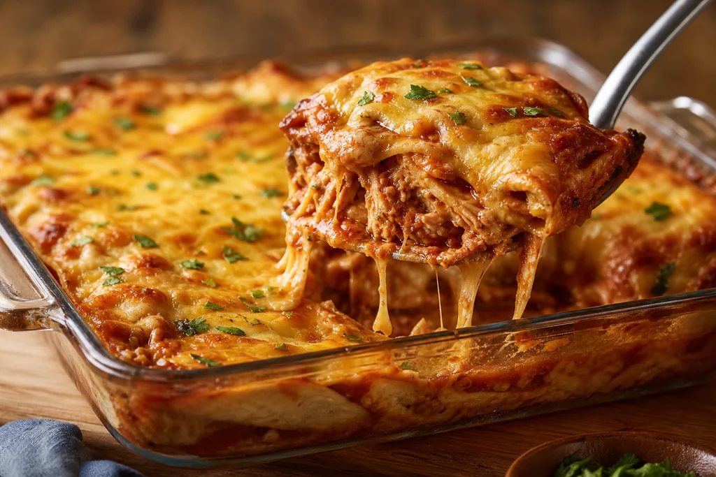 Cheesy skinny chicken enchilada casserole served with a spoon showing layers