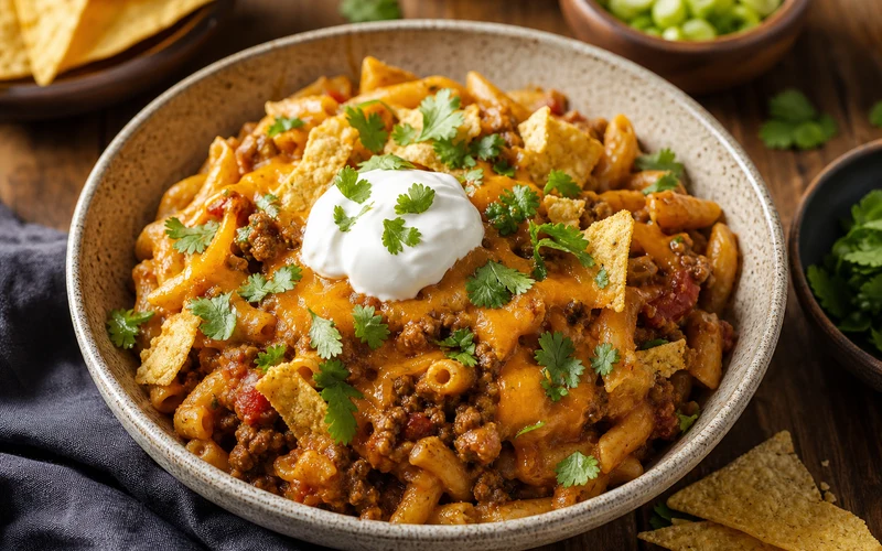 Finished slow cooker taco pasta with melted cheddar and fresh toppings in a bowl
