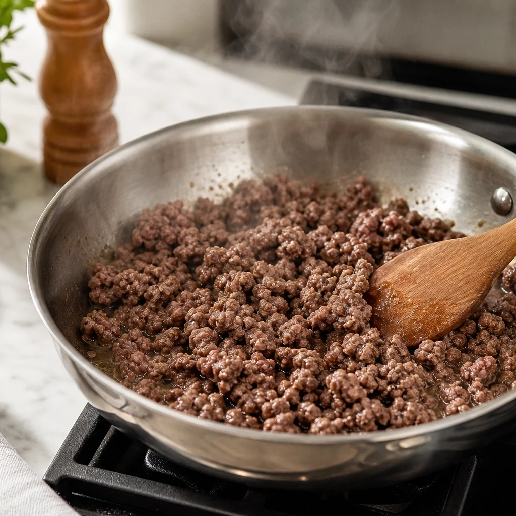 Ground beef browning in a skillet for slow cooker taco pasta