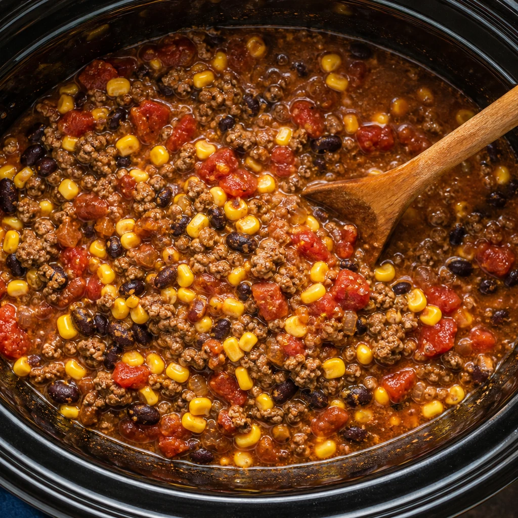 Ground beef, tomatoes, corn, beans, and broth combined in a slow cooker