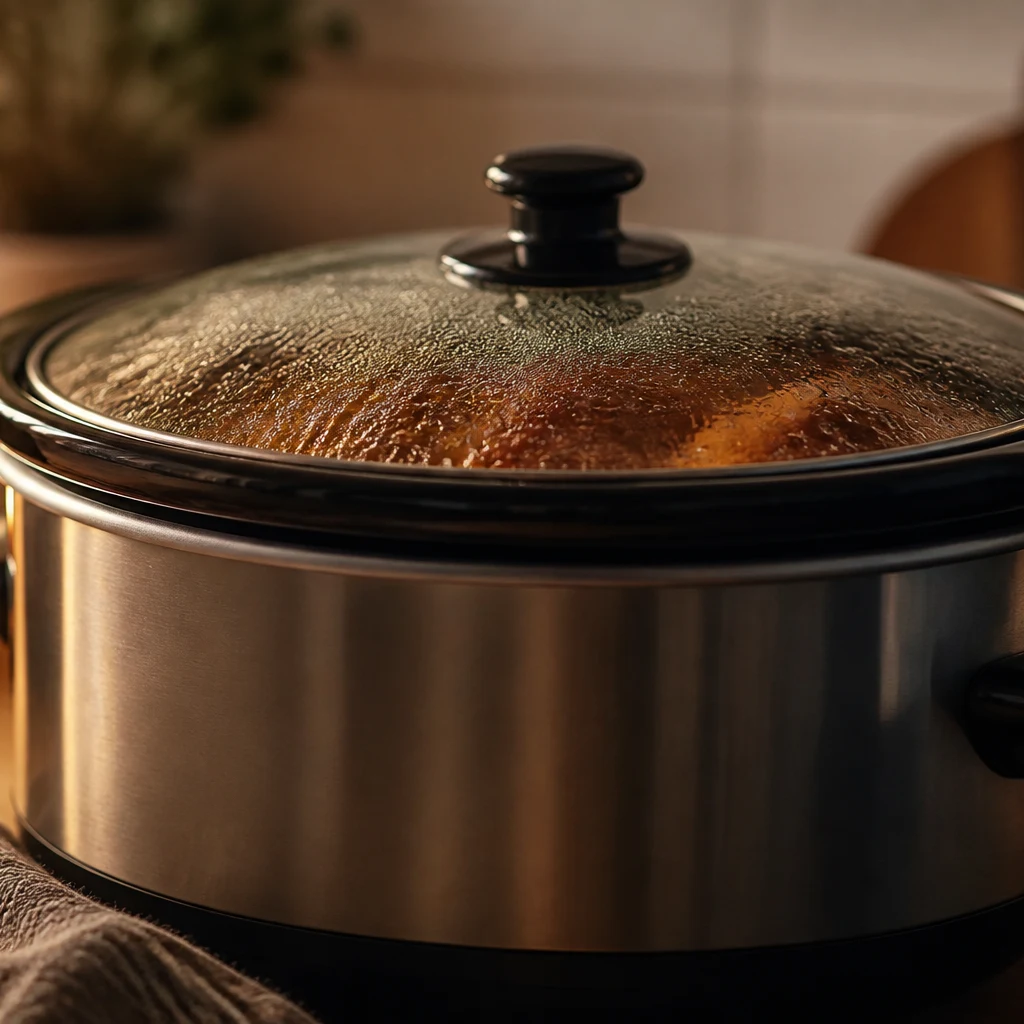 Slow cooker covered and simmering for taco pasta