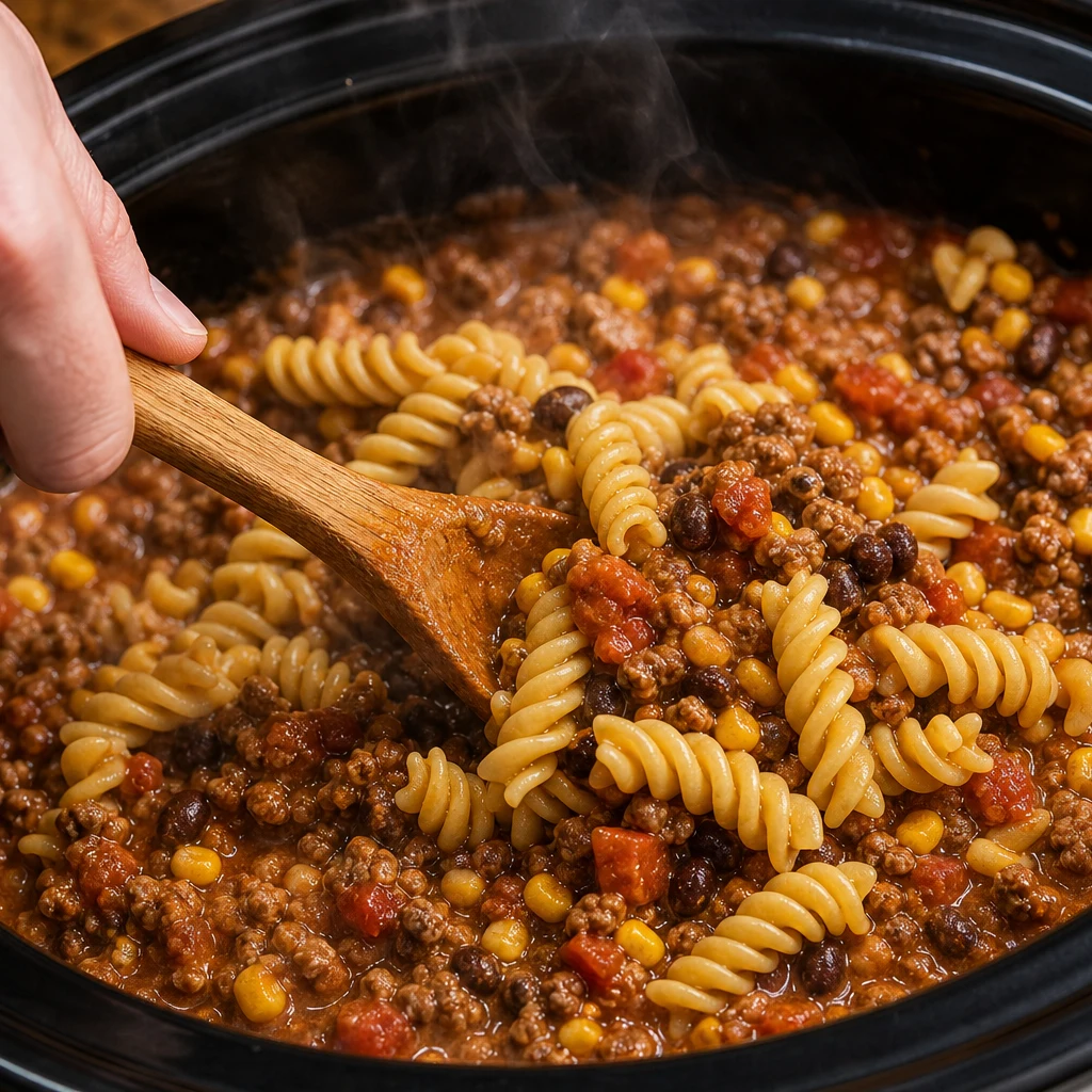 Rotini pasta stirred into slow cooker taco mixture
