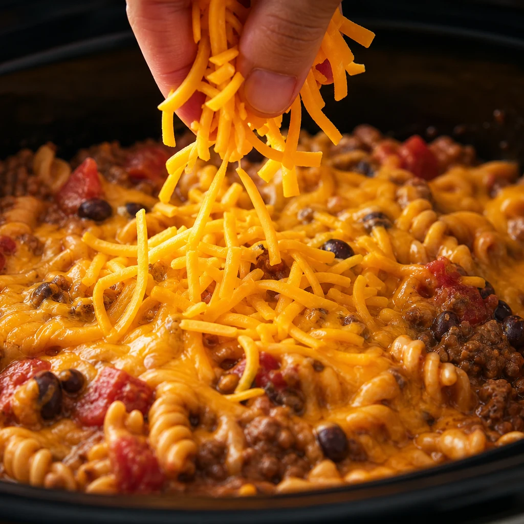 Shredded cheddar cheese melting into slow cooker taco pasta