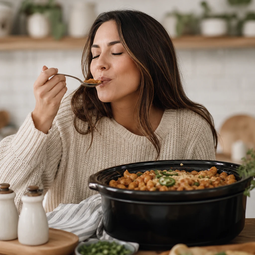 Tasting slow cooker taco pasta and adjusting seasoning