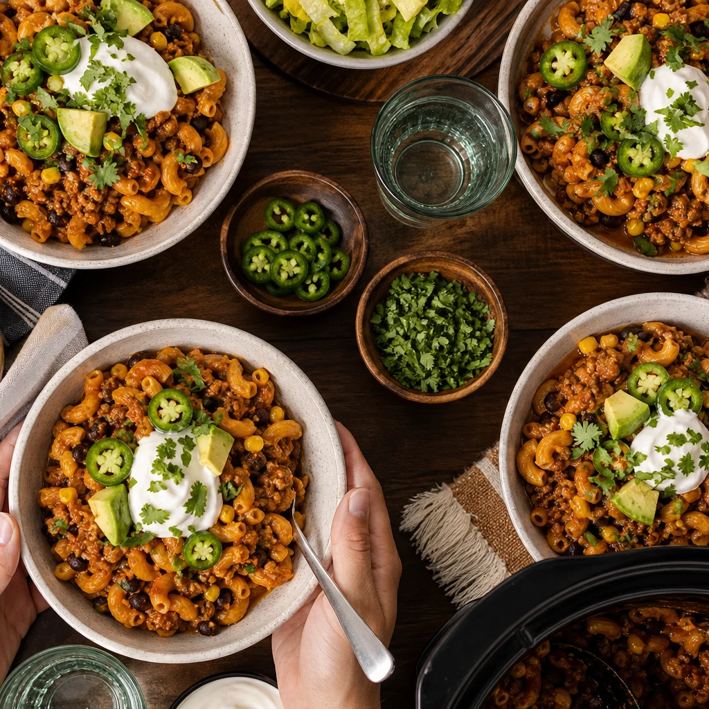 Bowls of slow cooker taco pasta with sour cream cilantro and jalapeños