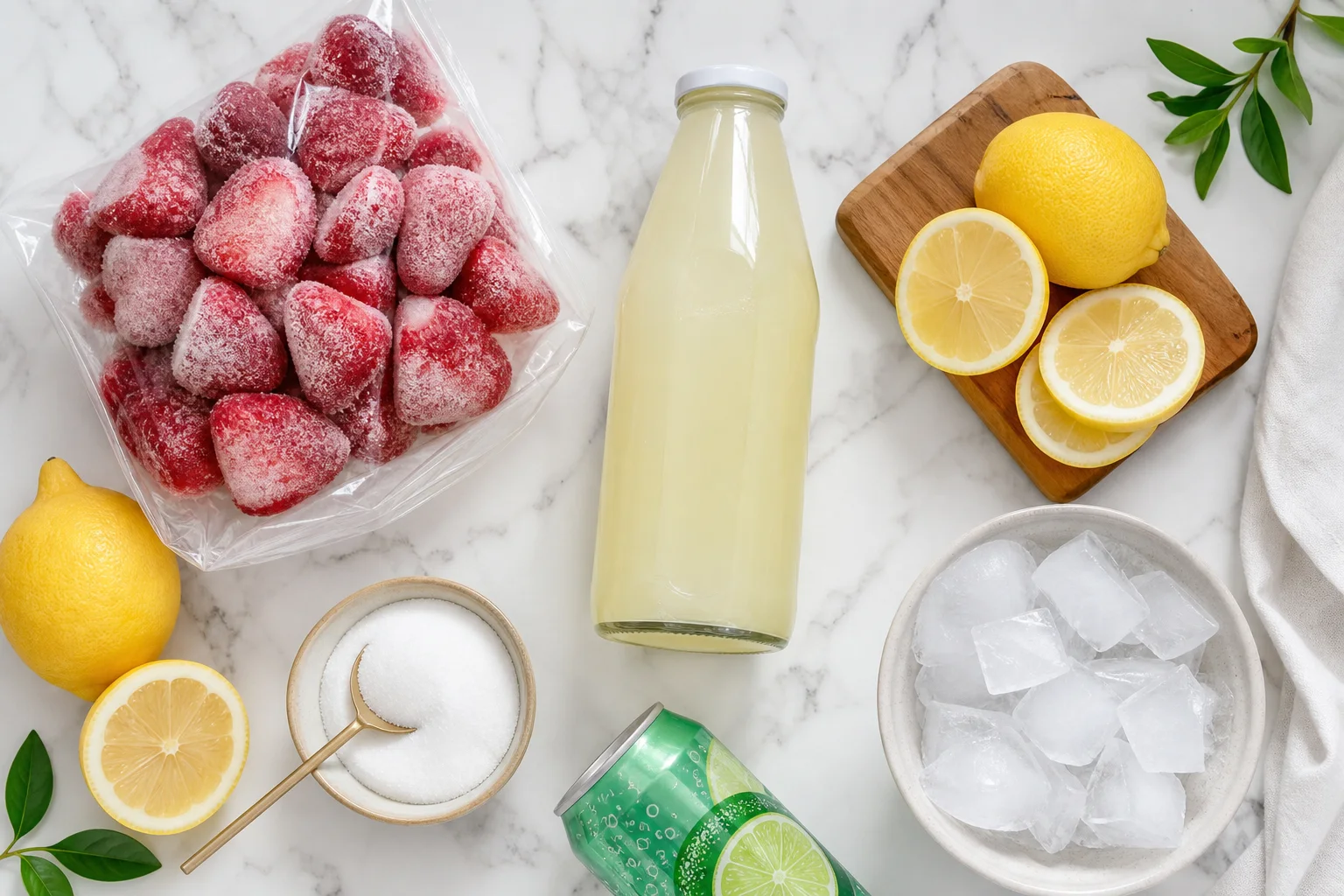 Frozen strawberry lemonade slush ingredients including frozen strawberries lemonade concentrate ice lemon-lime soda and fresh lemons
