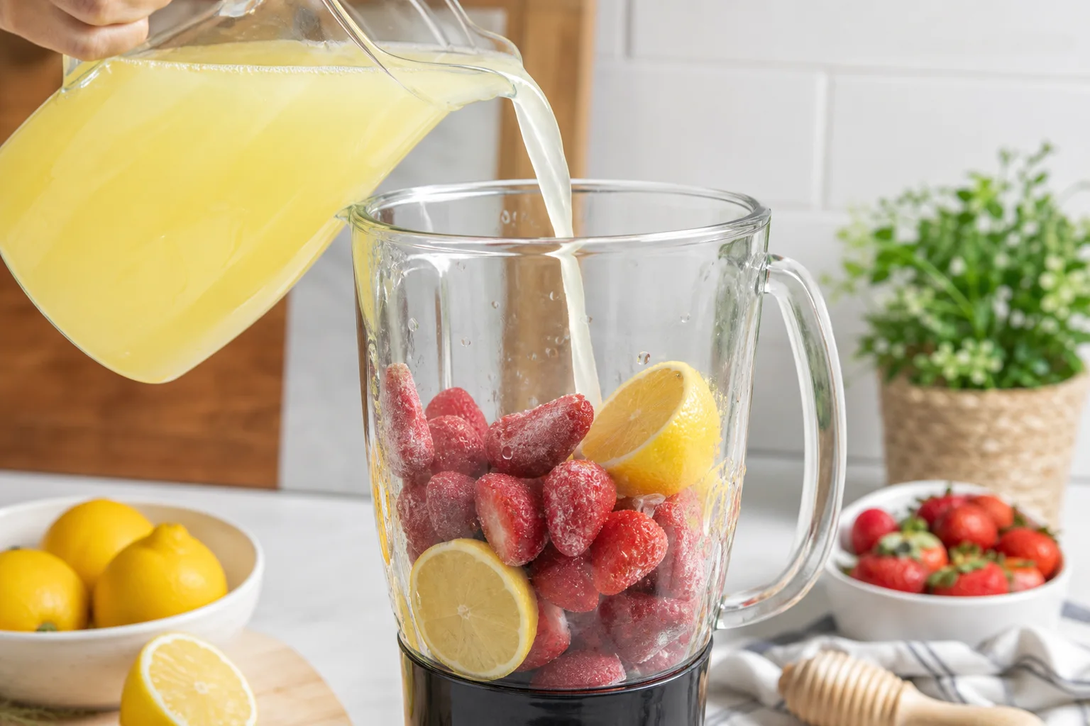Cold lemonade being poured into a blender with frozen strawberries and fresh lemon juice