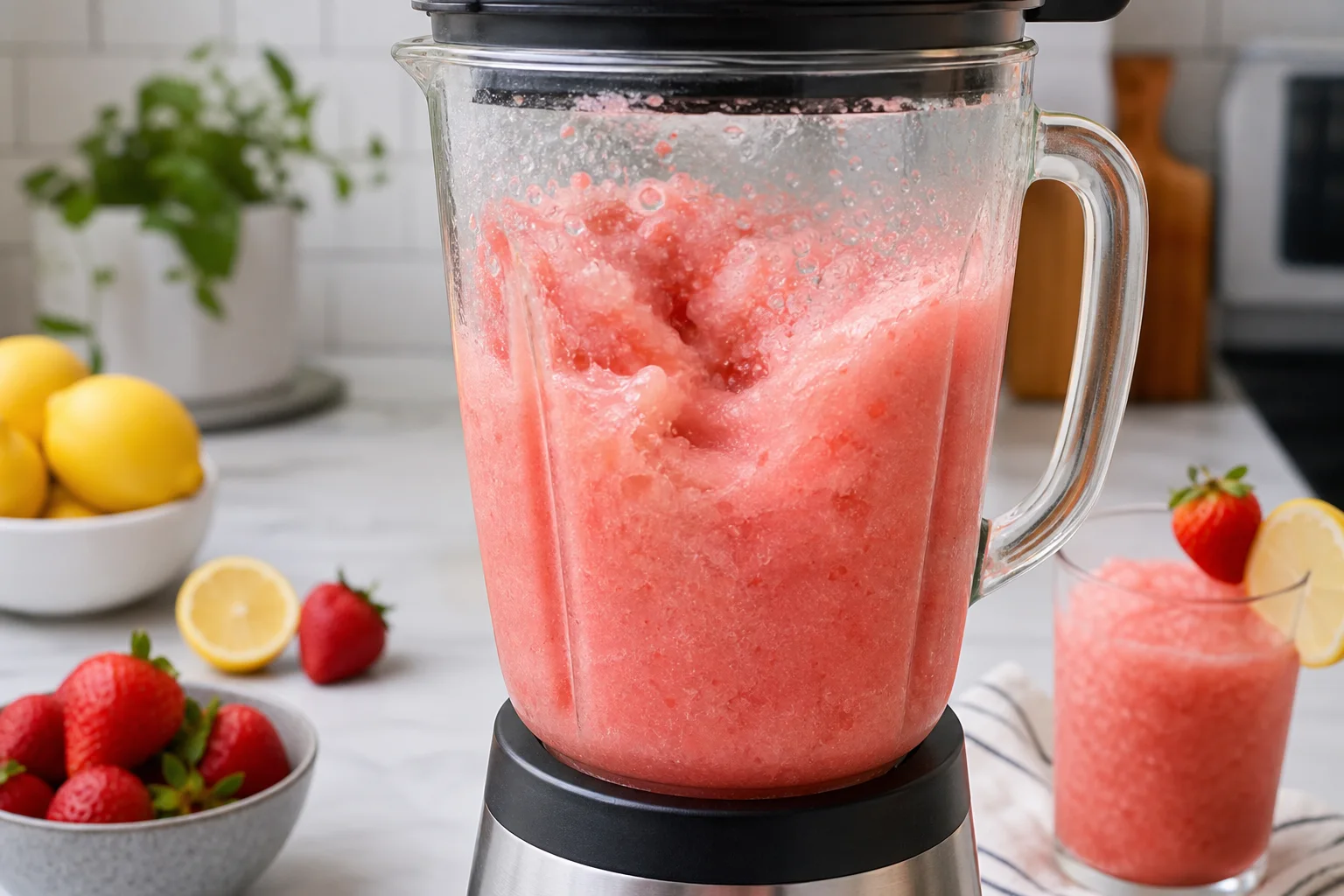 Blender processing frozen strawberry lemonade slush to a thick icy pink consistency