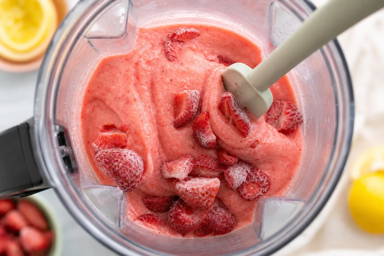Frozen strawberry halves folded into thick pink lemonade slush in a blender pitcher