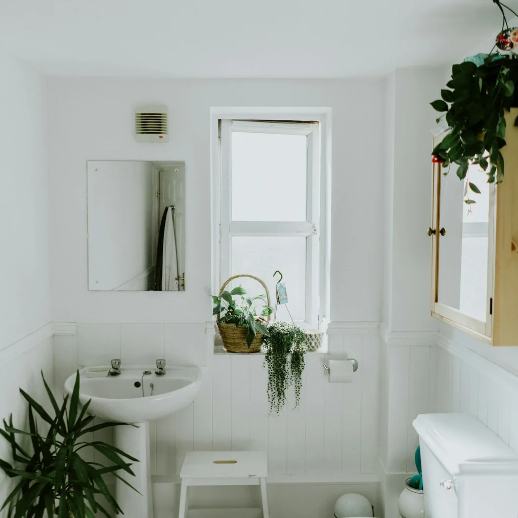 Tall narrow cabinet and wall hooks for vertical storage in a tiny bath