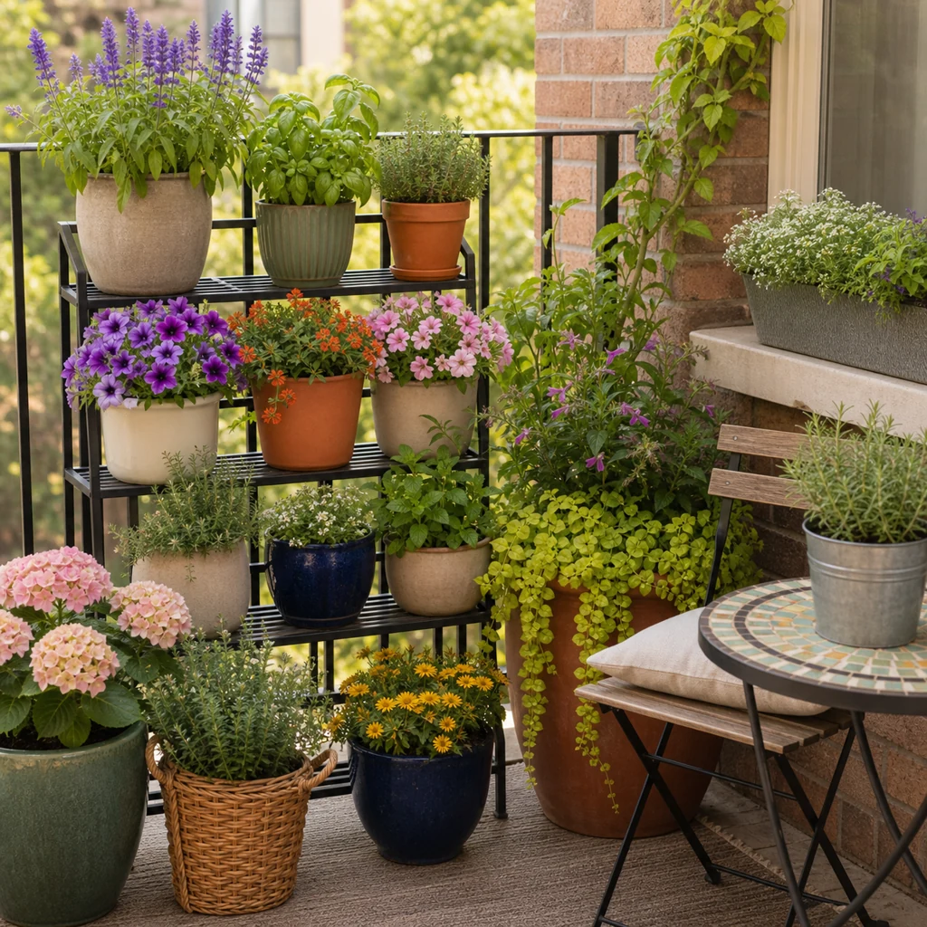 Small patio container garden layout with tiered plant stand
