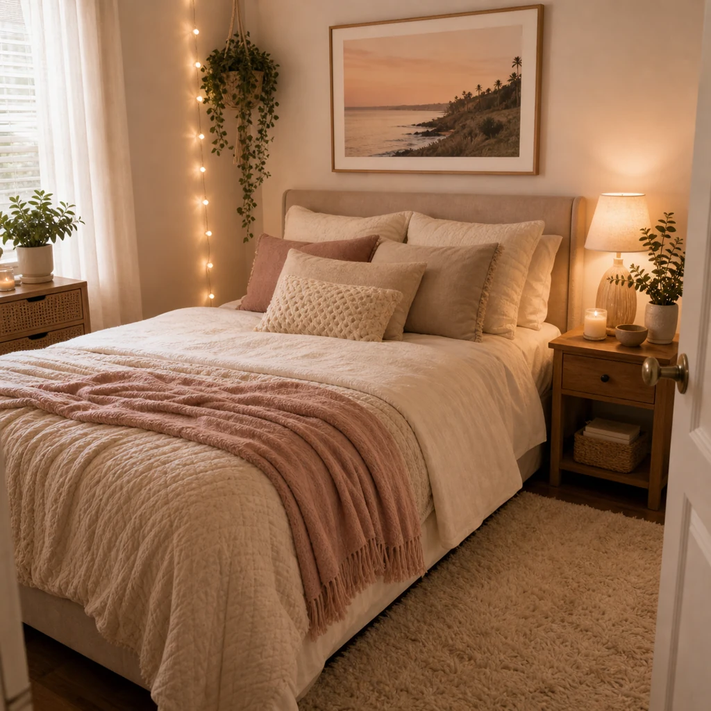 Small romantic bedroom with rug greenery and textured bedding