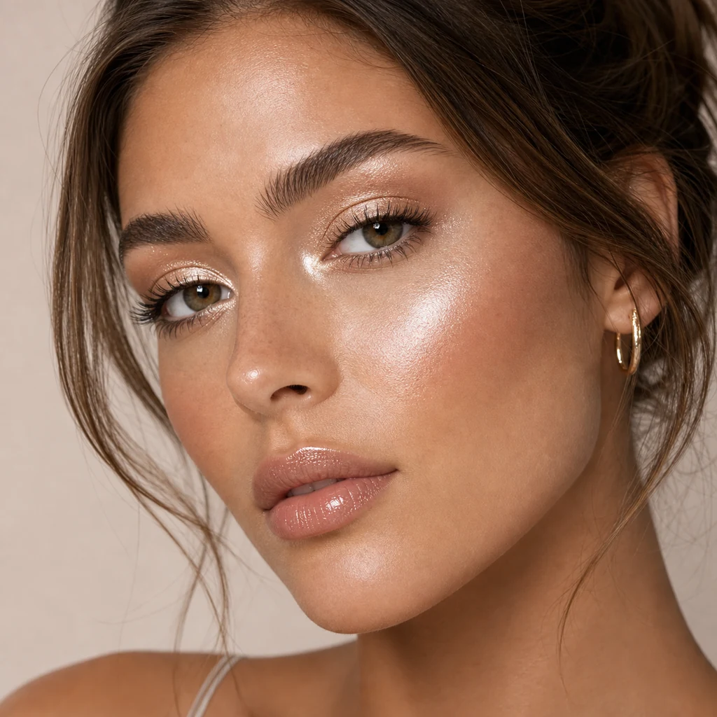 Soft chrome shimmer highlight on cheekbones and eyes
