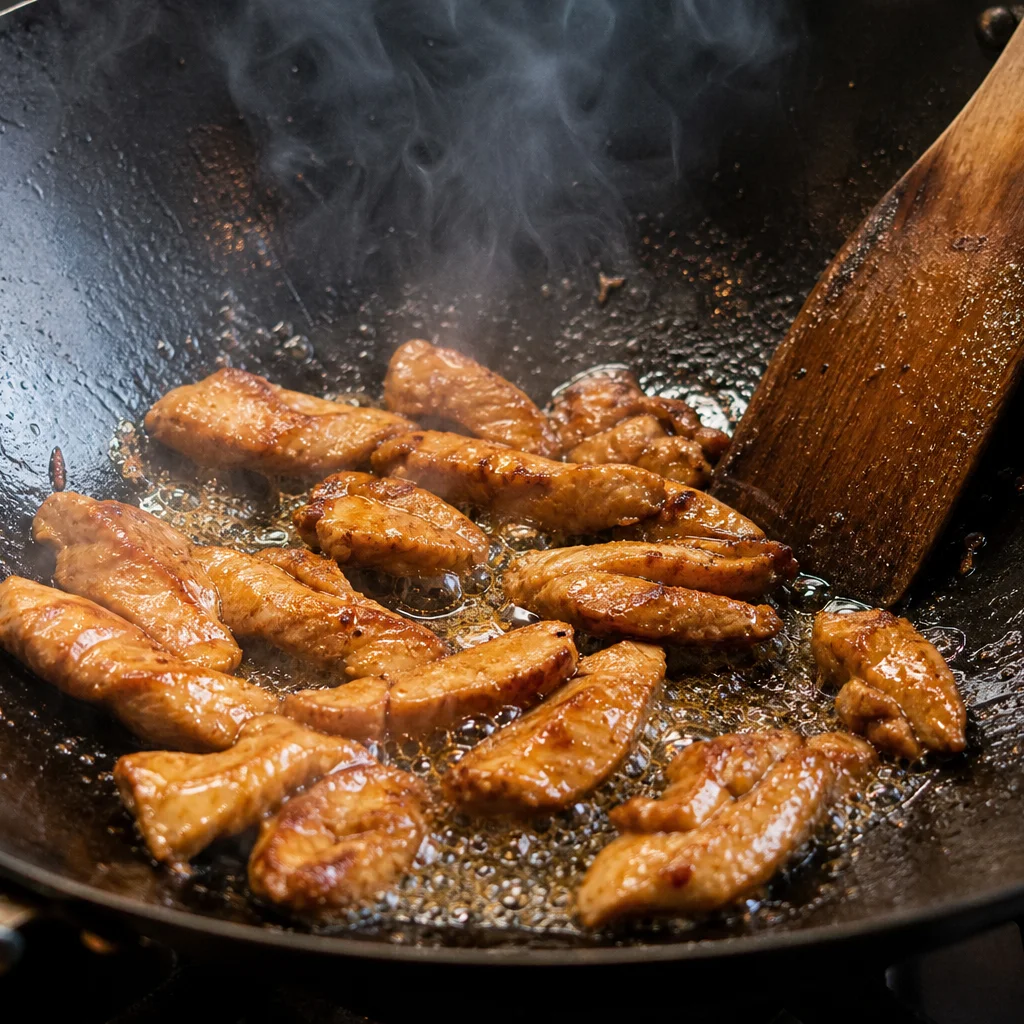 Step 1 browning chicken strips in a hot wok with oil
