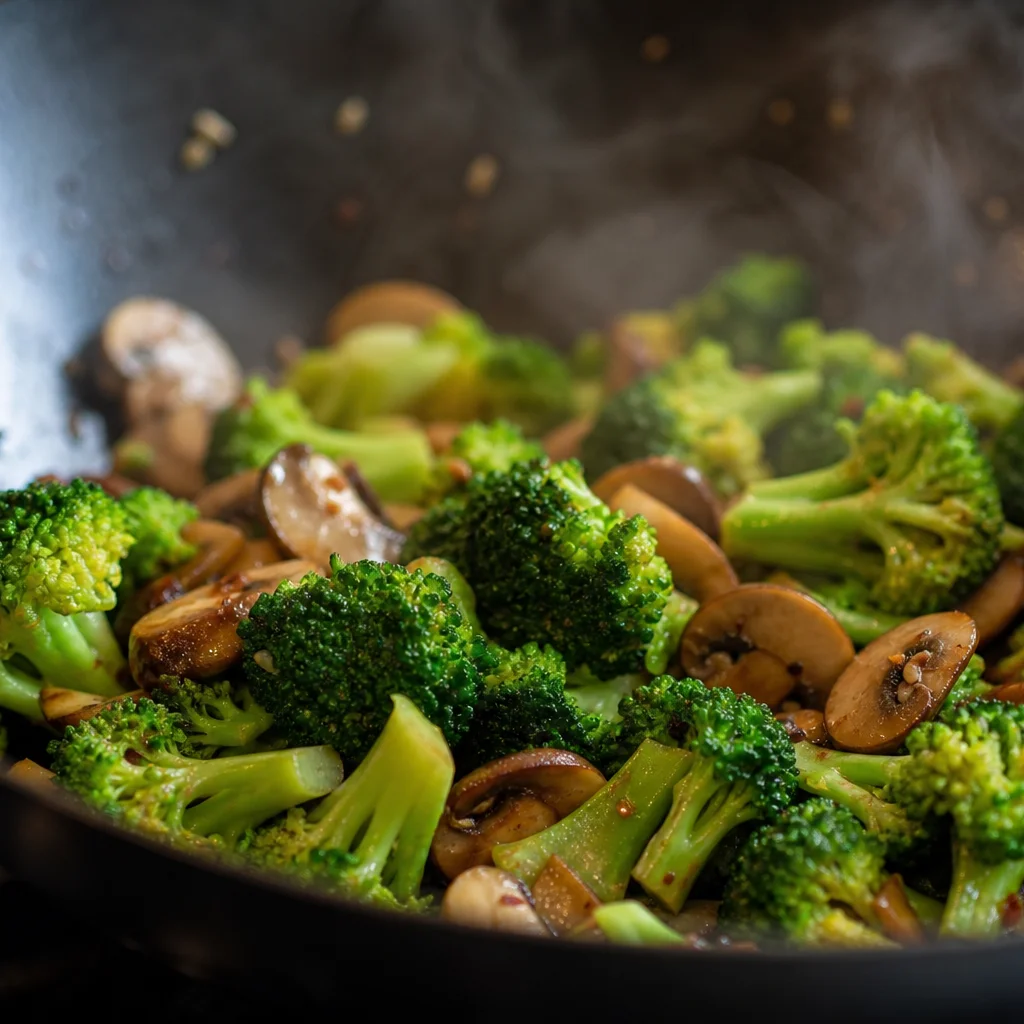 Step 2 sautéing broccoli florets and sliced mushrooms in the wok